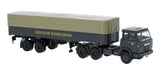 PREORDER Brekina HO 82261 Henschel F161 Tractor with Covered Low-Side Trailer, Assembled, German Federal Railroad DB (gray, yellow, German Lettering)