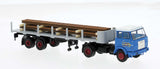 PREORDER Brekina HO 82264 Henschel F221S Tractor with Stake Flatbed Trailer & Pipe Load, Assembled, G&G (blue, gray)