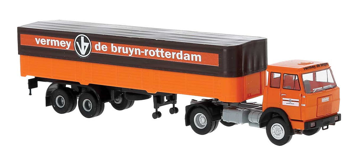 PREORDER Brekina HO 82259 Henschel F161 Tractor with Covered Low-Side Trailer, Assembled, Vermey de Bruyn (orange, black, German Lettering)