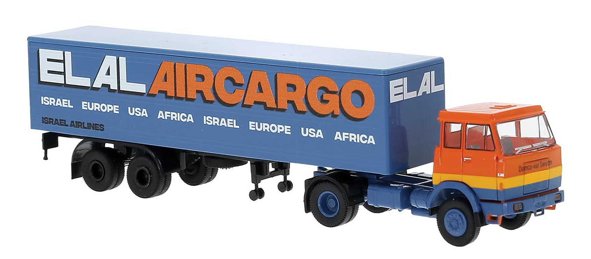 PREORDER Brekina HO 82258 Henschel F161 Tractor with Van Trailer, Assembled, ELAL-Aircargo (orange, blue, yellow, German Lettering)