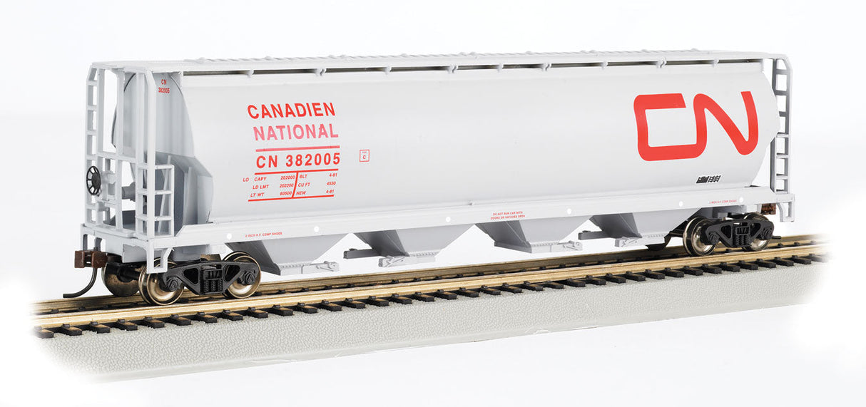 Bachmann Trains HO 19113 Canadian Cylindrical 4-Bay Grain Hopper, Silver Series, Canadian National (white, red; Large Noodle Logo)