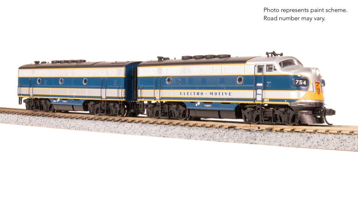 PREORDER Broadway Limited Imports N 9205 EMD F3 Diesel Locomotive A/B Set, Demonstrator (Blue & Aluminum) #754A1/754B1 (A-Unit Paragon4 Sound/DC/DCC Equipped)