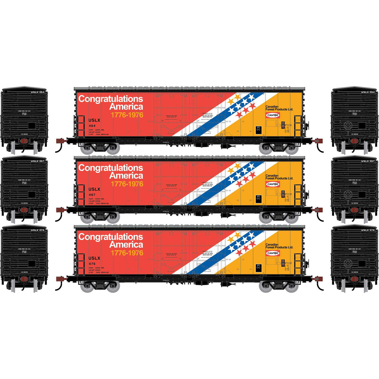 PREORDER Athearn HO ATH-3641  50' Evans Double Plug Door Box Car, USLX 'Bicentennial' #464/467/476 (3)