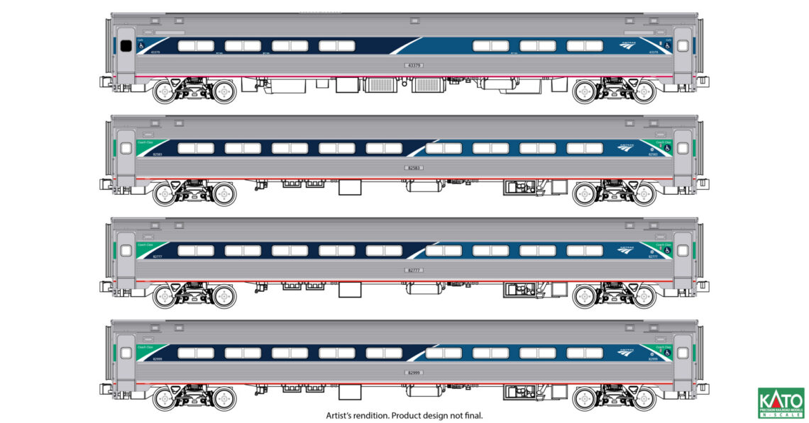 PREORDER Kato N 10680211 Amfleet I 3 Coach & Cafe Set with Interior Lights, Amtrak #43379, 82583, 82777, 82899 (Phase VII, stainless, blue, green)