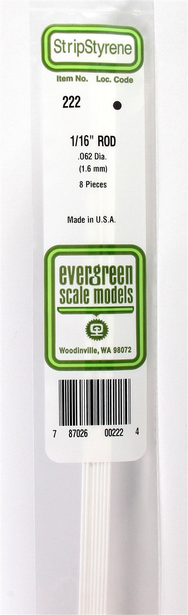 Evergreen Scale Models 222 Round Rod 1/16" (8)