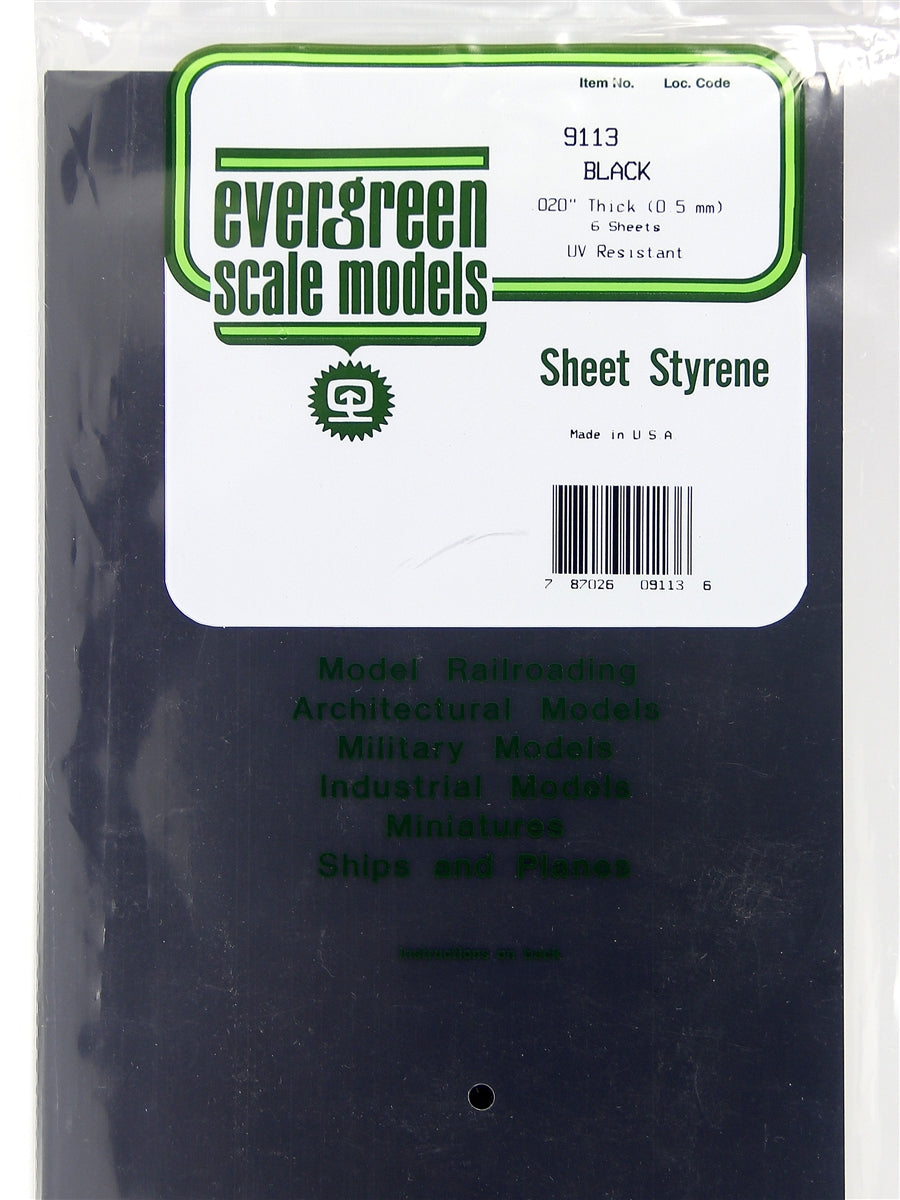 Evergreen Scale Models 9113 Black Styrene Sheets .020" (6)