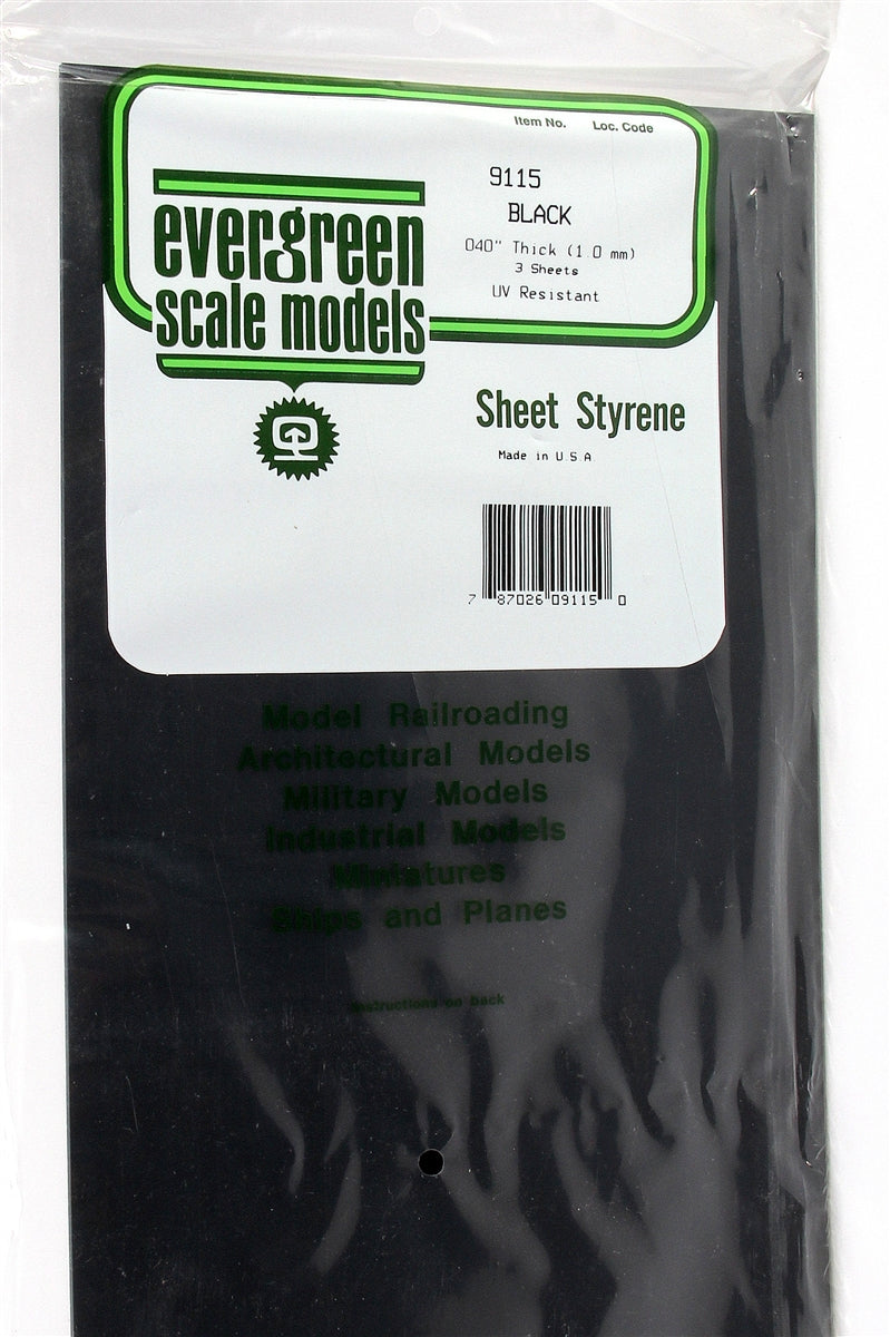 Evergreen Scale Models 9115 Black Styrene Sheets .040" (3)