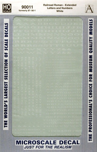 Microscale HO 90011 Extended Roman Passenger Car Alphabet and Numbers, White