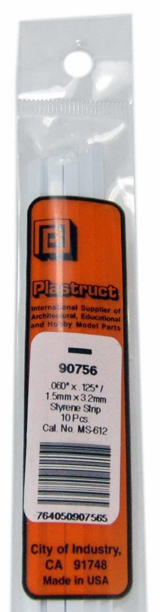 Plastruct 90756 MS-612 Solid Styrene Rectangular Strip, .125" (10)