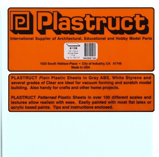 Plastruct 91108 SSS-125 Plain White Styrene Sheet, 1/8" (2)