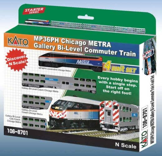 Kato N 1068701DCC Chicago Metra Bi-Level Commuter Train-Only Set, DCC, MP36PH Locomotive, 2 Bi-Level Coaches, Bi-Level Club Car
