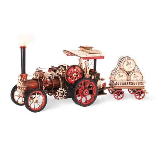 Robotime LKA01 Steam Engine (Tractor) with Trailer Kit, Motorized Mechanical 3D Puzzle